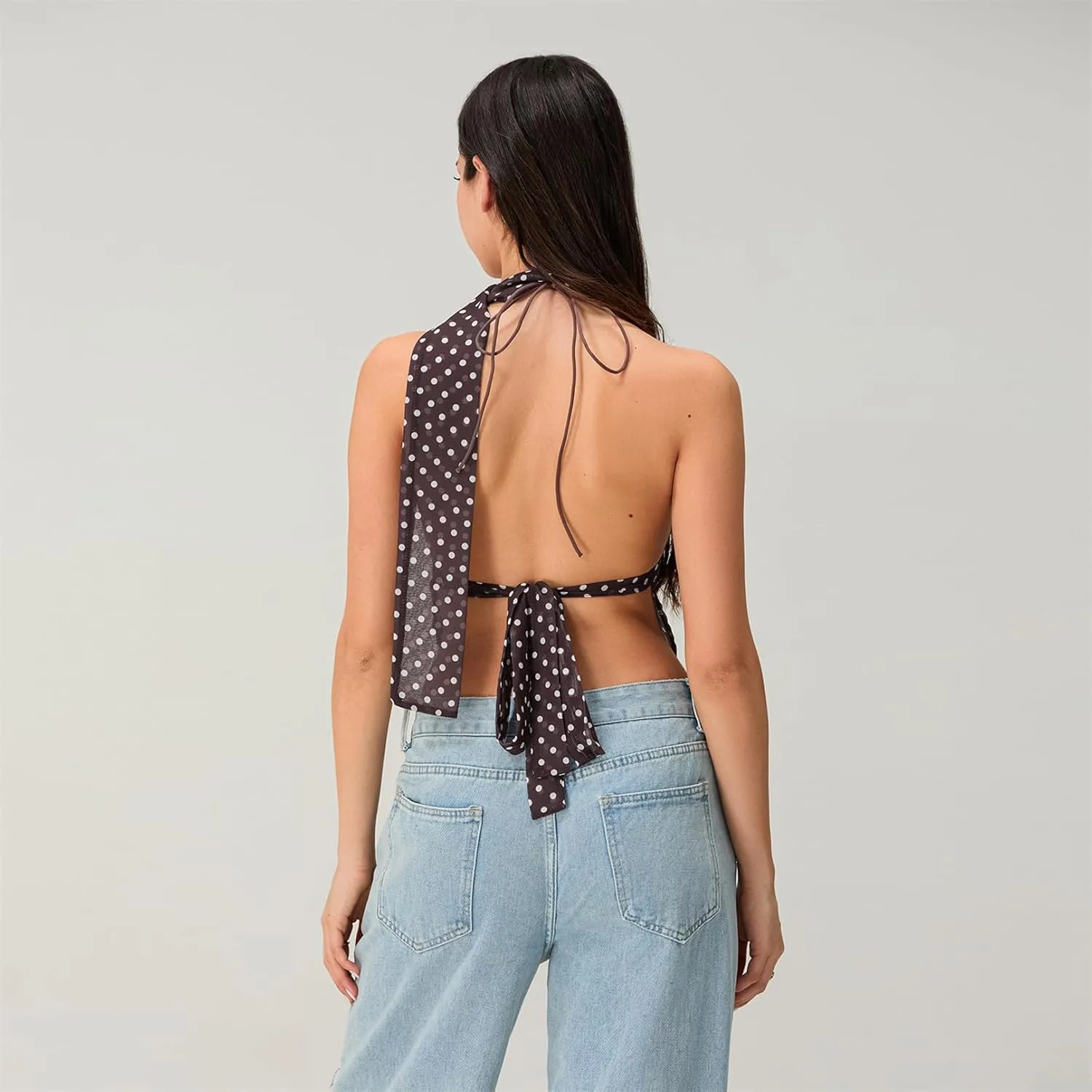 Women Y2k Polka Dot Cami Shirt Sexy V Neck Halter Tie Up Backless Mesh Camisole Coquette Going Out Tops with Scarf