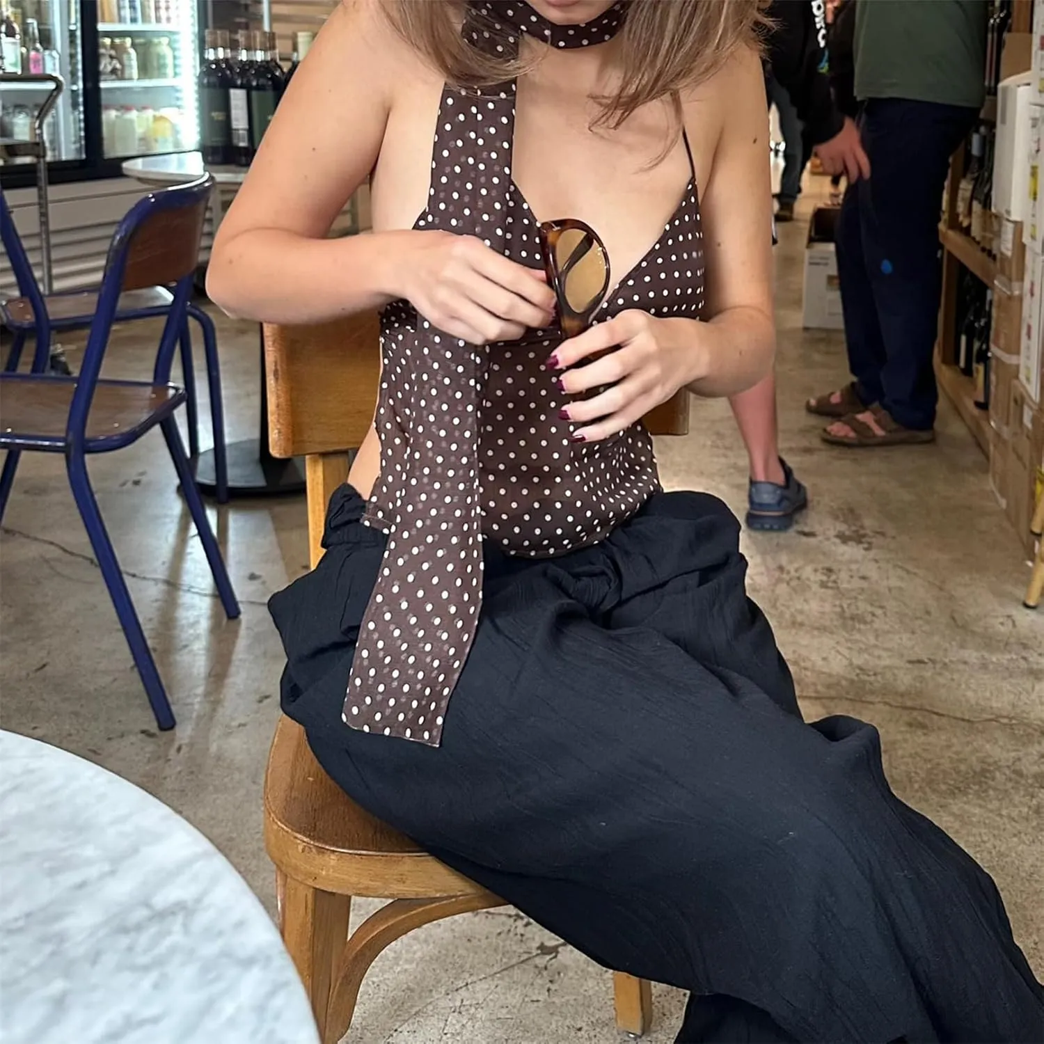 Women Y2k Polka Dot Cami Shirt Sexy V Neck Halter Tie Up Backless Mesh Camisole Coquette Going Out Tops with Scarf