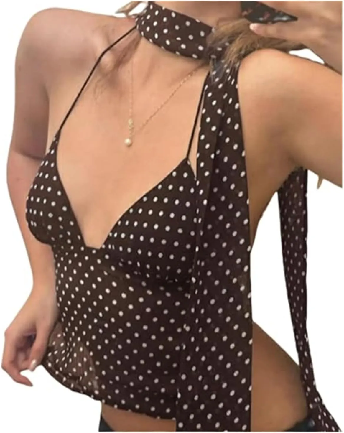 Women Y2k Polka Dot Cami Shirt Sexy V Neck Halter Tie Up Backless Mesh Camisole Coquette Going Out Tops with Scarf