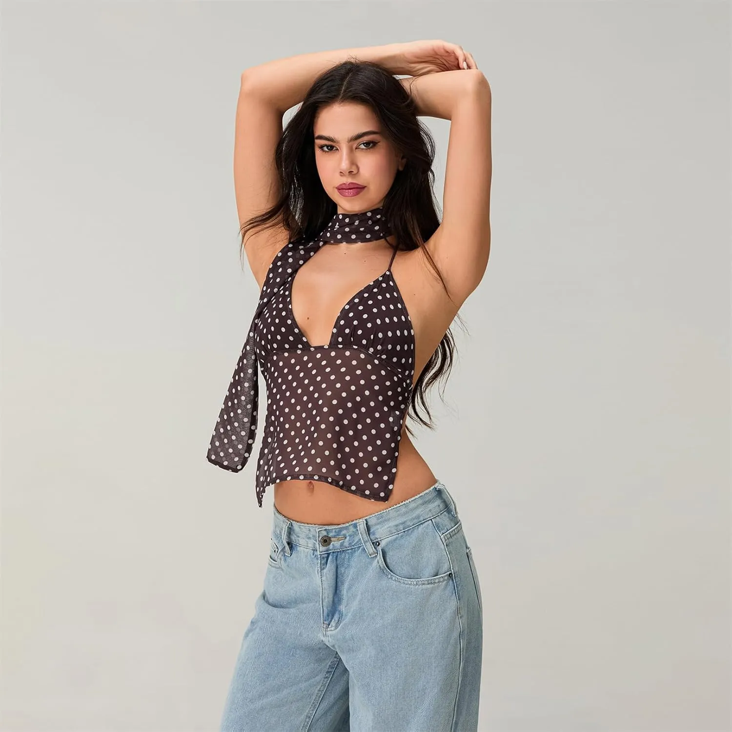 Women Y2k Polka Dot Cami Shirt Sexy V Neck Halter Tie Up Backless Mesh Camisole Coquette Going Out Tops with Scarf