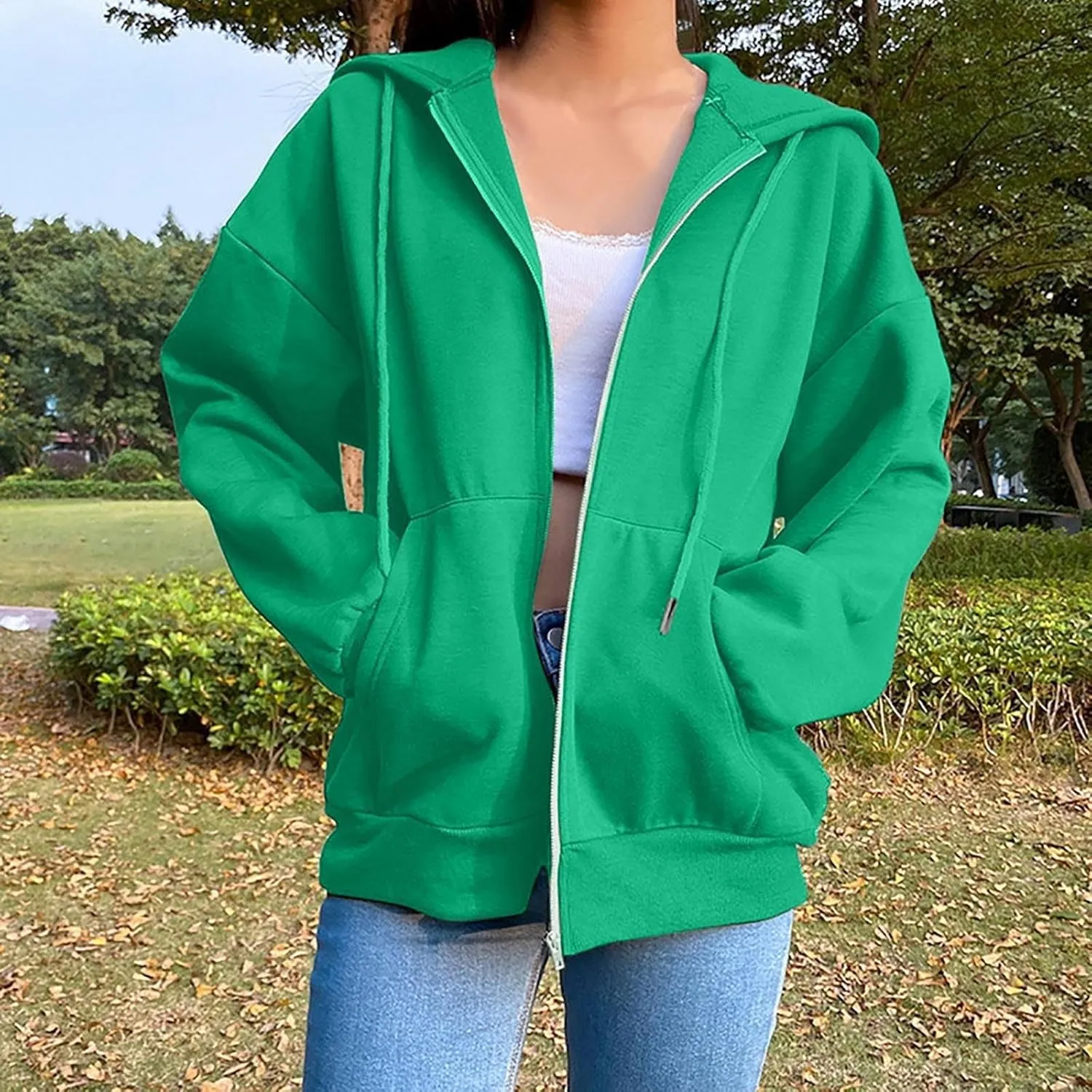 Women Zip Up Hoodie Casual Sweatshirt Drawstring Loose Fit Oversized Lightweight Fashion Fall Tops For Teen Girls