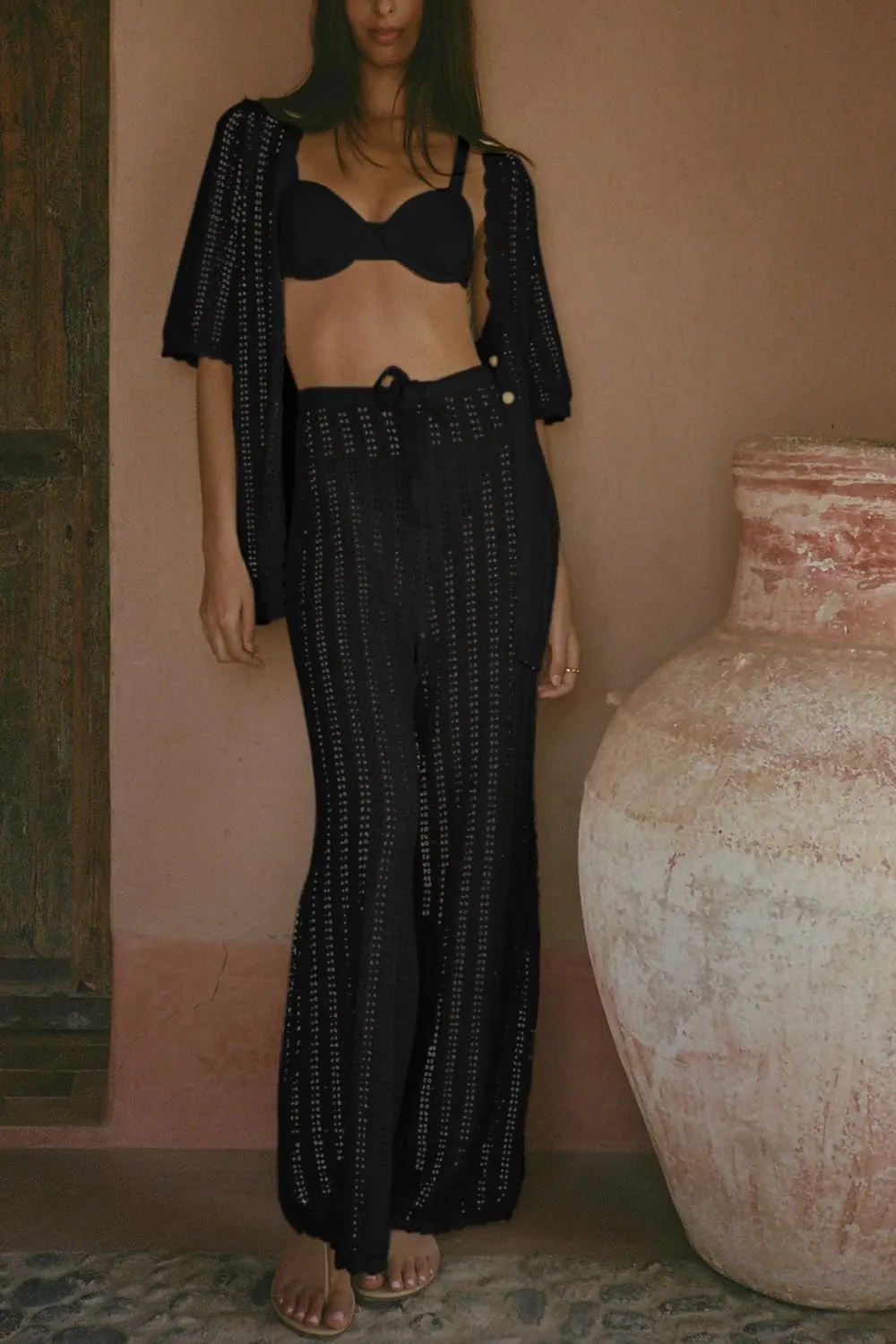 Women's 2 Piece Bathing Suit Cover up Summer Crochet Knit Cardigan Tops Long Pants Set Swimsuit Suit Beach Outfit