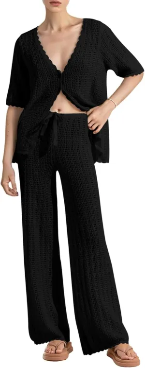 Women's 2 Piece Bathing Suit Cover up Summer Crochet Knit Cardigan Tops Long Pants Set Swimsuit Suit Beach Outfit