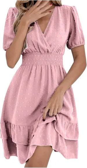 Womens 2023 Spring Summer Dress Deep V Neck Lantern Sleeve Club Party Dress Polka Dot Ruffle Hem Mini Beach Dresses