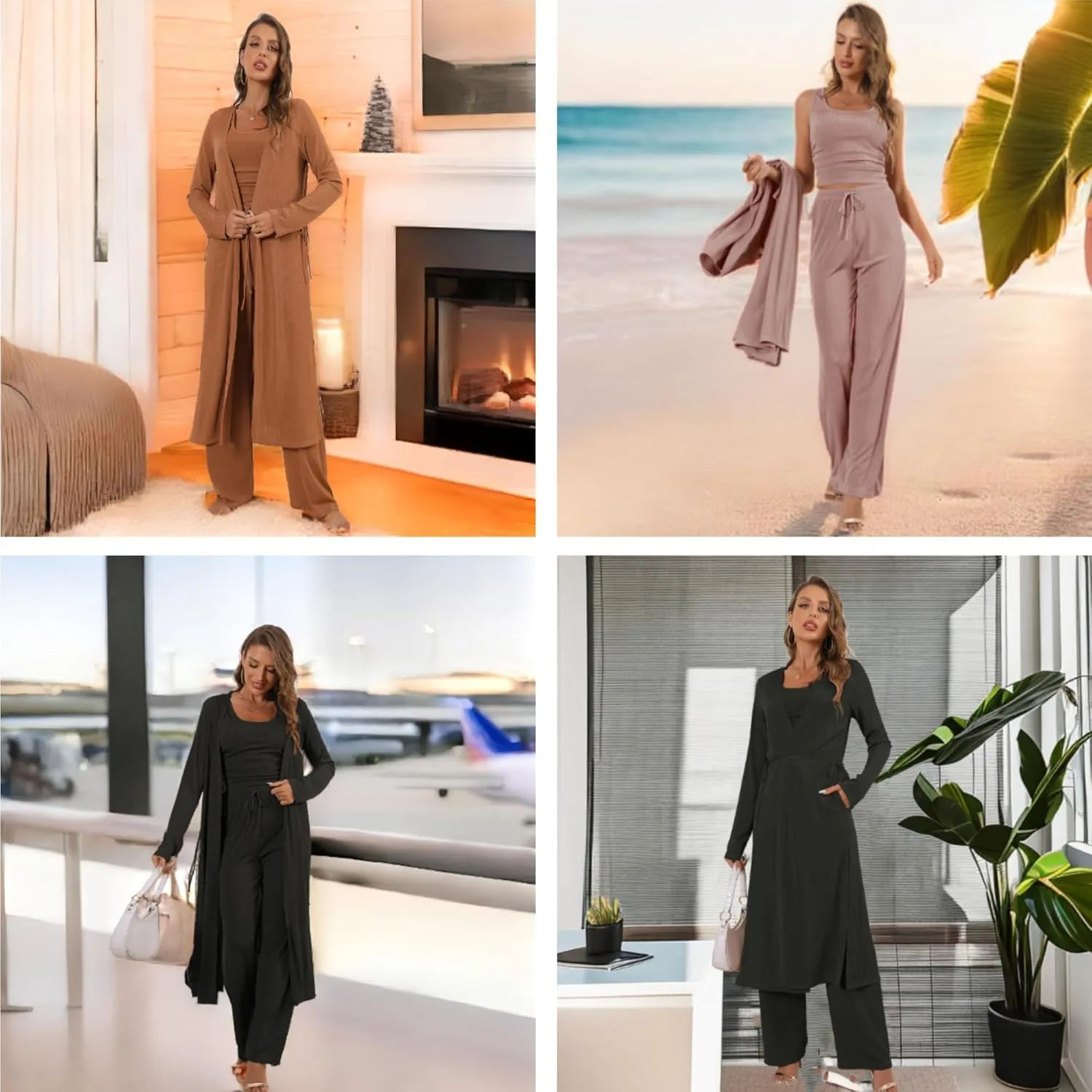 Women's 3 Piece Lounge Set Open Front Cardigan Pajamas Set