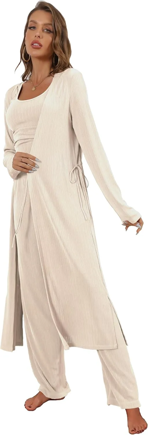 Women's 3 Piece Lounge Set Open Front Cardigan Pajamas Set