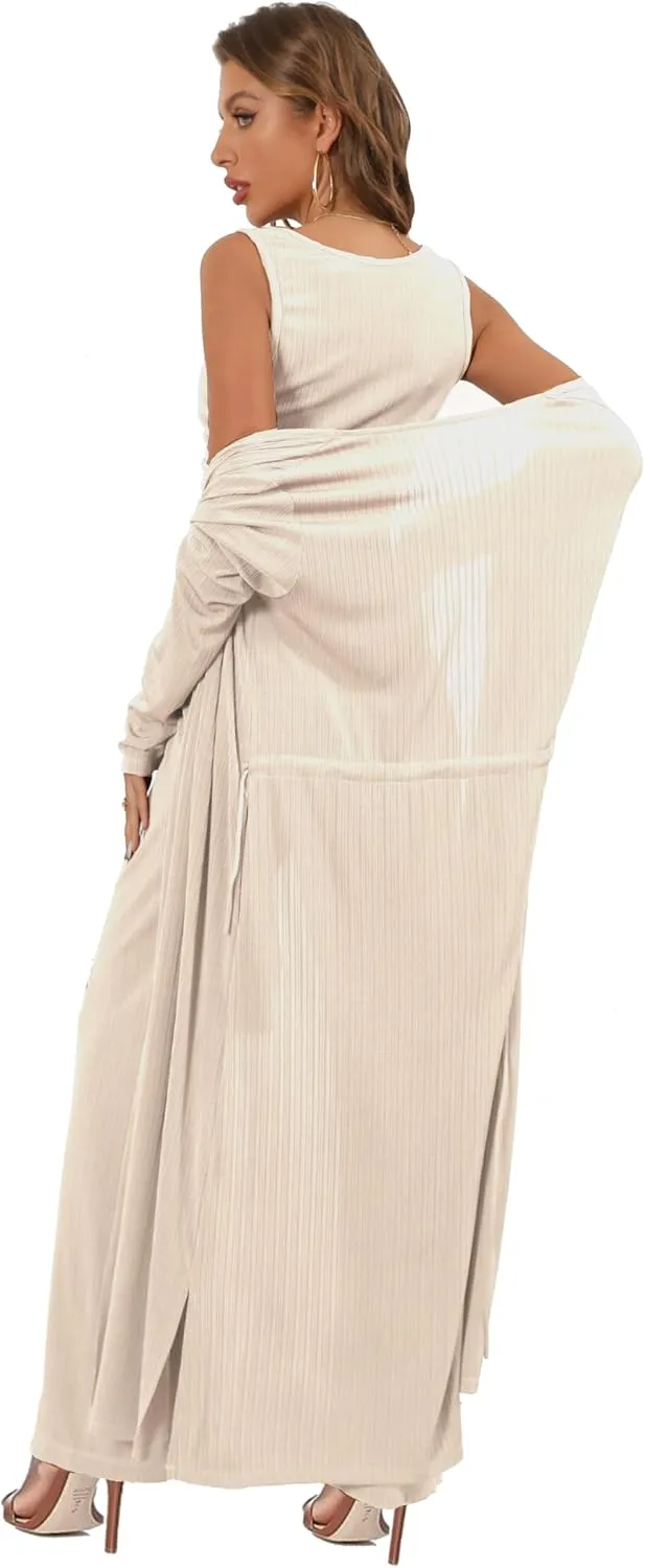 Women's 3 Piece Lounge Set Open Front Cardigan Pajamas Set