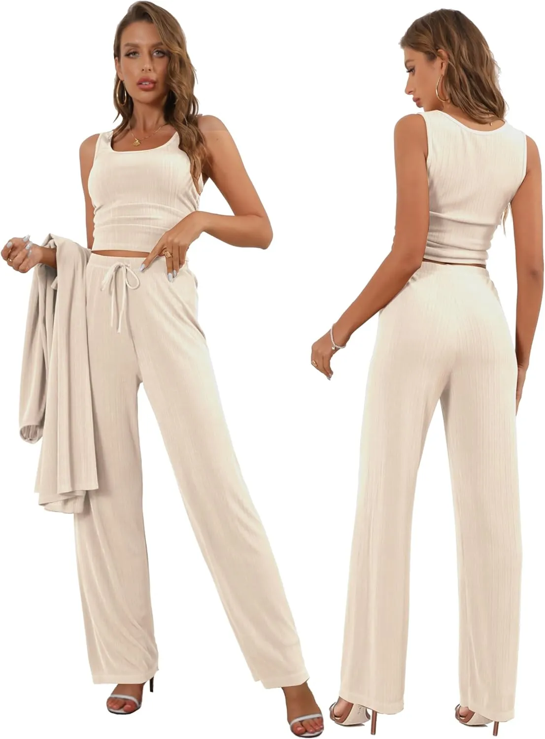Women's 3 Piece Lounge Set Open Front Cardigan Pajamas Set