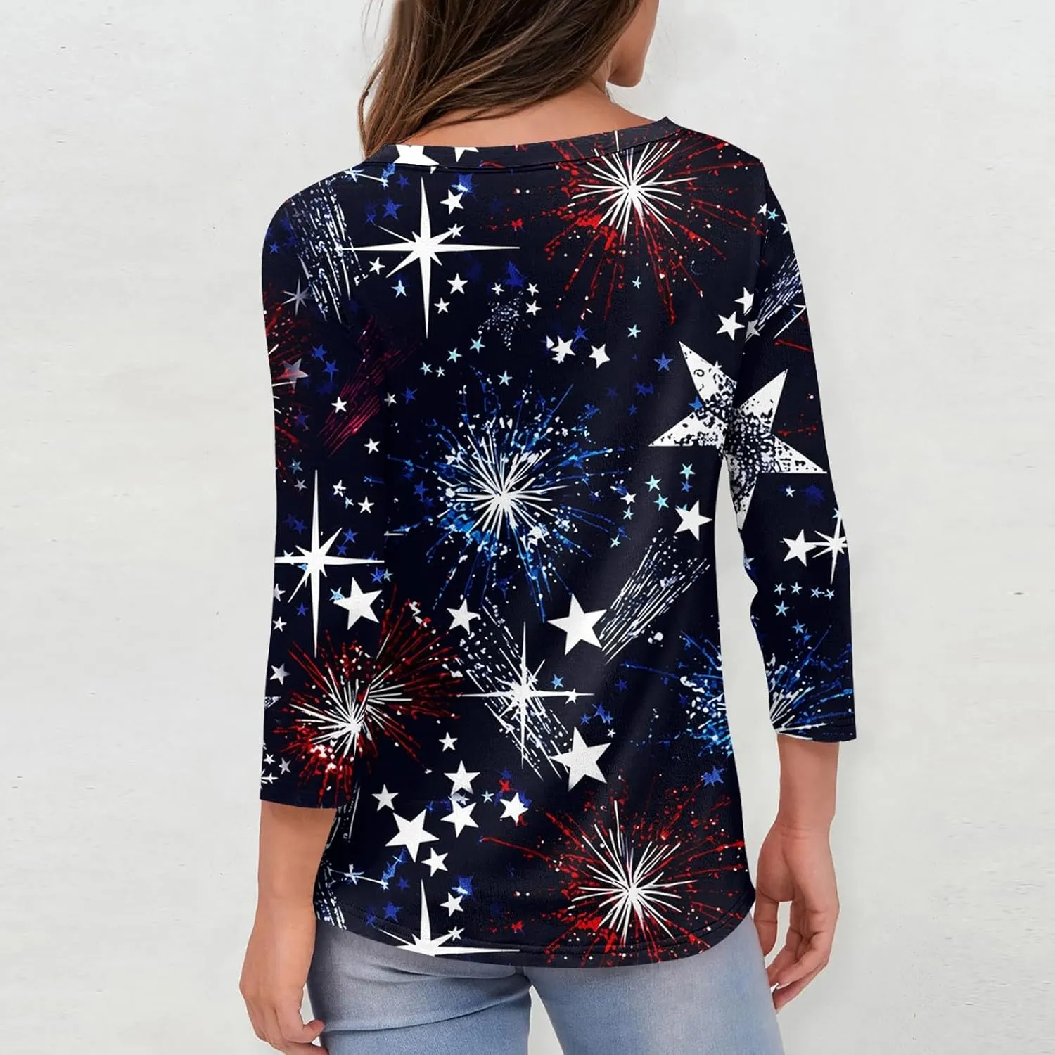 Womens 4Th of July Shirts Tops Plus Size American Flag Tshirt 3/4 Length Sleeve Trendy Oversized Sweatshirts Blouses