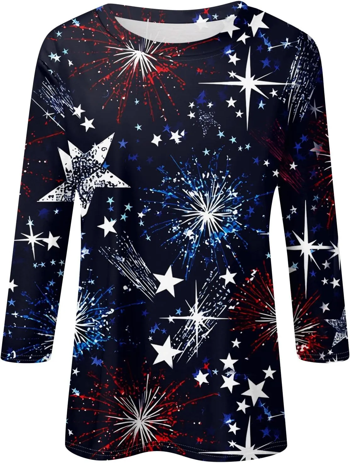 Womens 4Th of July Shirts Tops Plus Size American Flag Tshirt 3/4 Length Sleeve Trendy Oversized Sweatshirts Blouses
