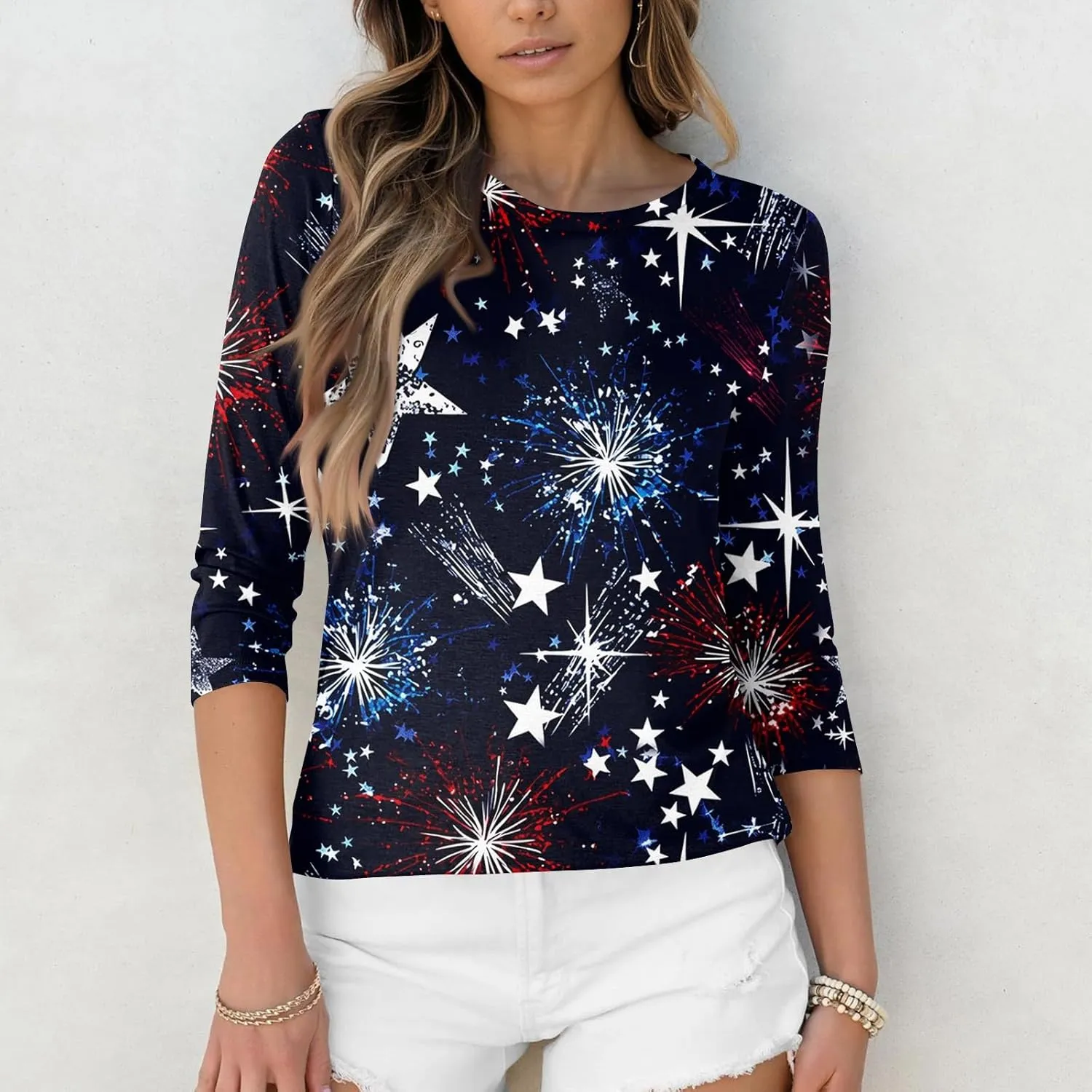 Womens 4Th of July Shirts Tops Plus Size American Flag Tshirt 3/4 Length Sleeve Trendy Oversized Sweatshirts Blouses