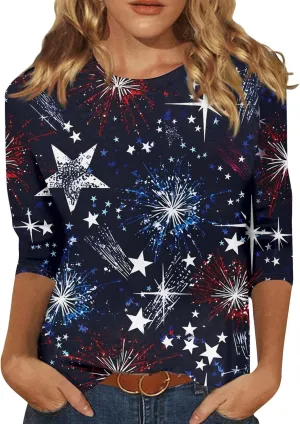 Womens 4Th of July Shirts Tops Plus Size American Flag Tshirt 3/4 Length Sleeve Trendy Oversized Sweatshirts Blouses