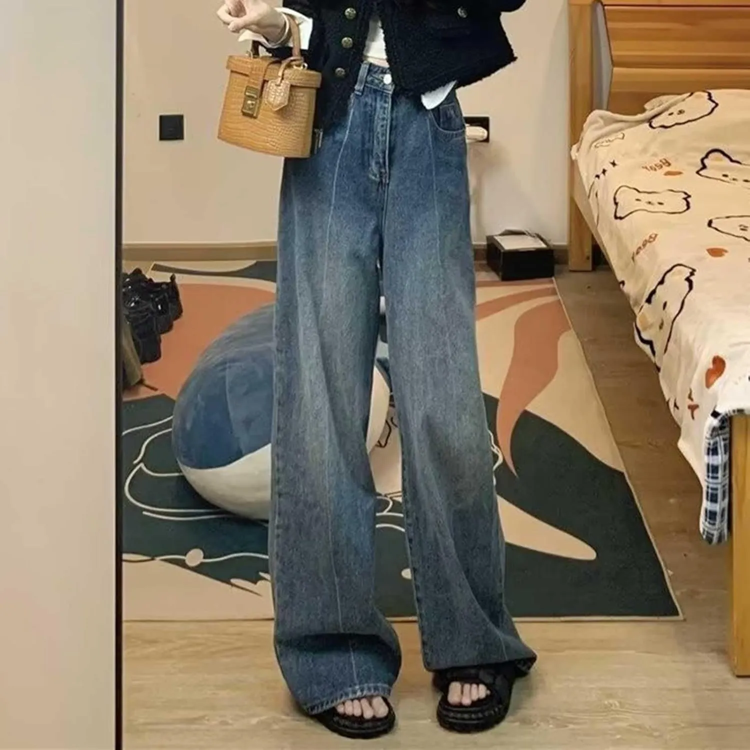Women's Baggy Jeans Girls Vintage Streetwear Pants Aesthetic Clothing Ripped Baggy High Waisted Trousers with Pockets