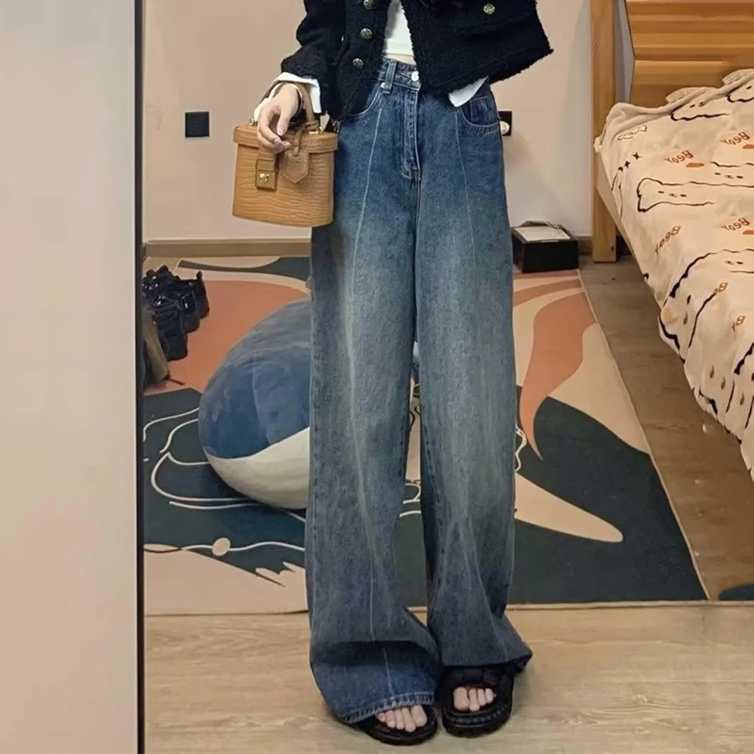 Women's Baggy Jeans Girls Vintage Streetwear Pants Aesthetic Clothing Ripped Baggy High Waisted Trousers with Pockets