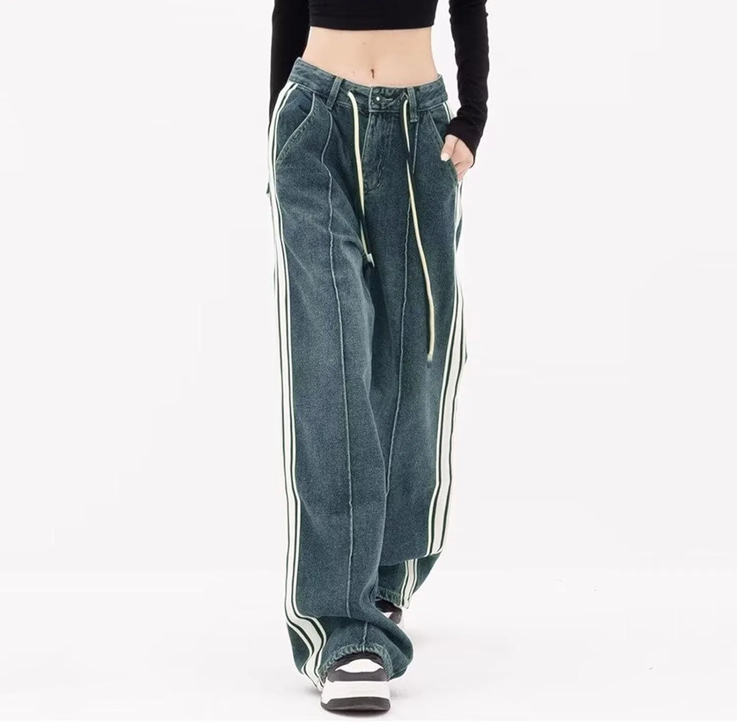 Women's Baggy Jeans Girls Vintage Streetwear Pants Aesthetic Clothing Ripped Baggy High Waisted Trousers with Pockets