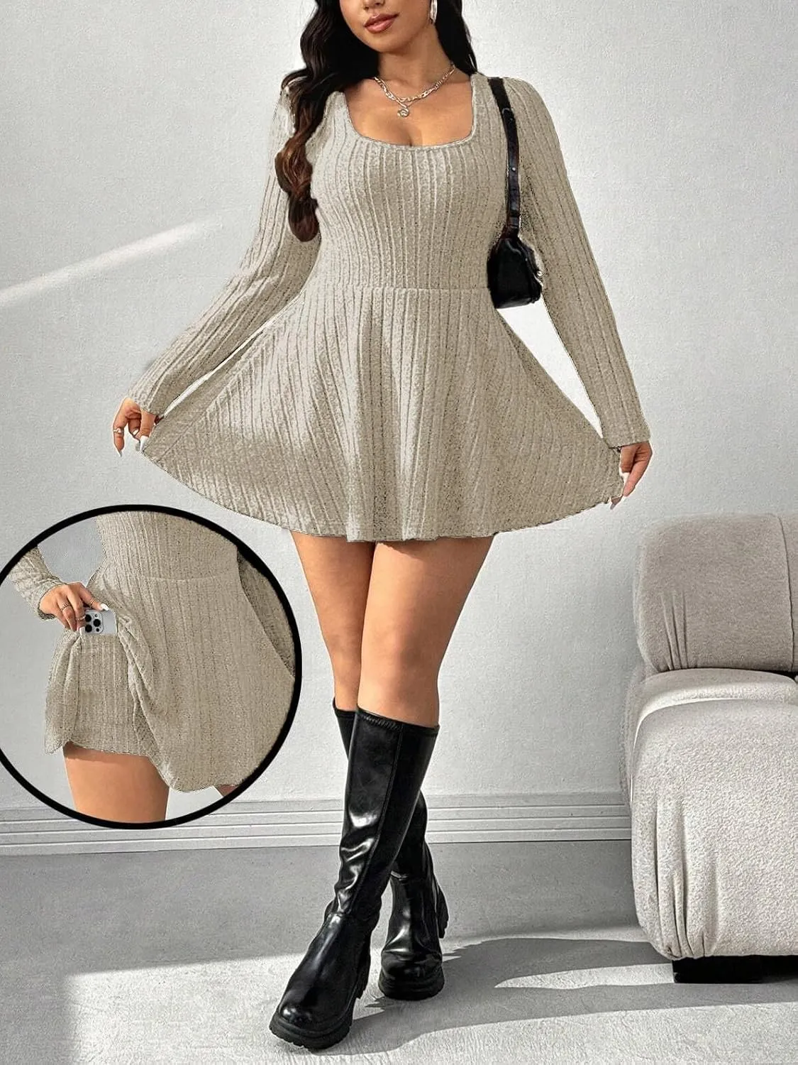 Women's Black Ribbed Knit Off-Shoulder Sweater Dress Have Pockets Casual Sportswear