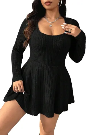 Women's Black Ribbed Knit Off-Shoulder Sweater Dress Have Pockets Casual Sportswear