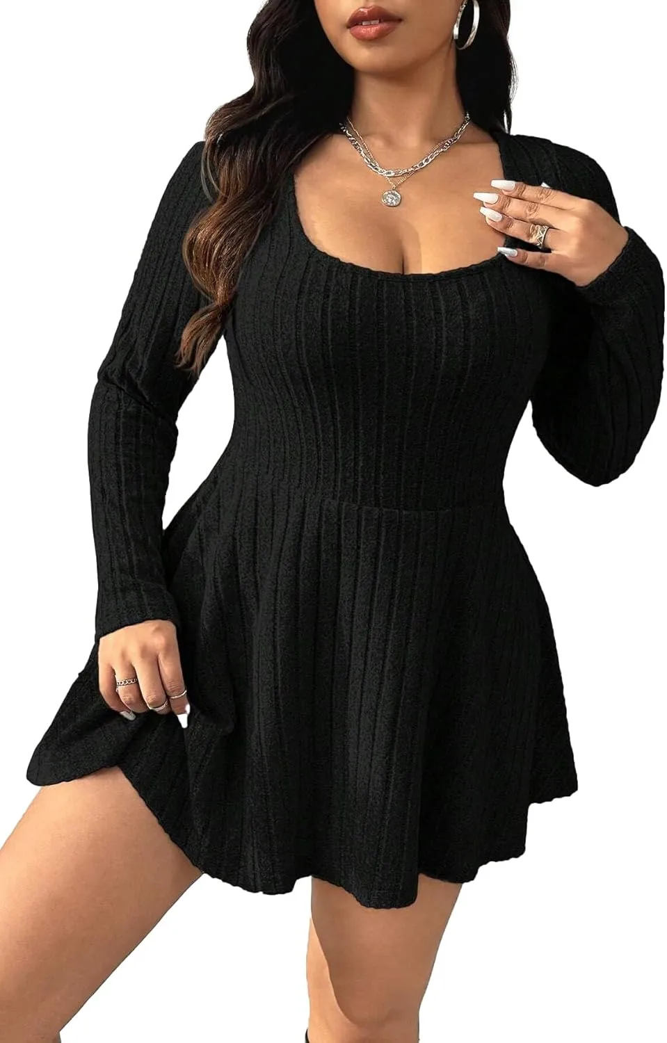 Women's Black Ribbed Knit Off-Shoulder Sweater Dress Have Pockets Casual Sportswear