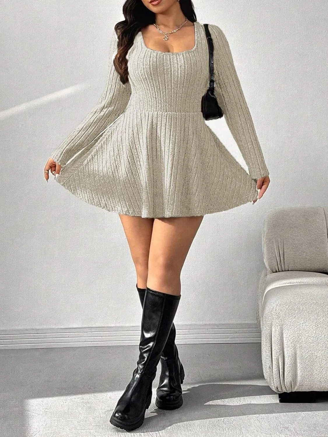 Women's Black Ribbed Knit Off-Shoulder Sweater Dress Have Pockets Casual Sportswear