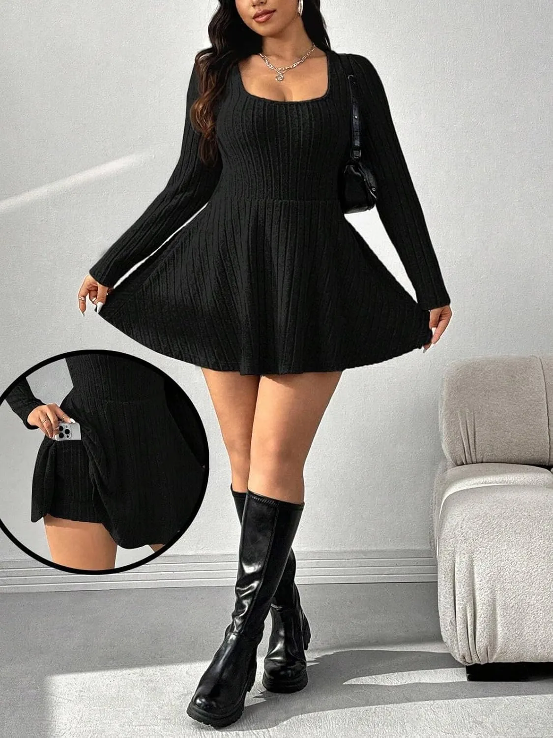 Women's Black Ribbed Knit Off-Shoulder Sweater Dress Have Pockets Casual Sportswear
