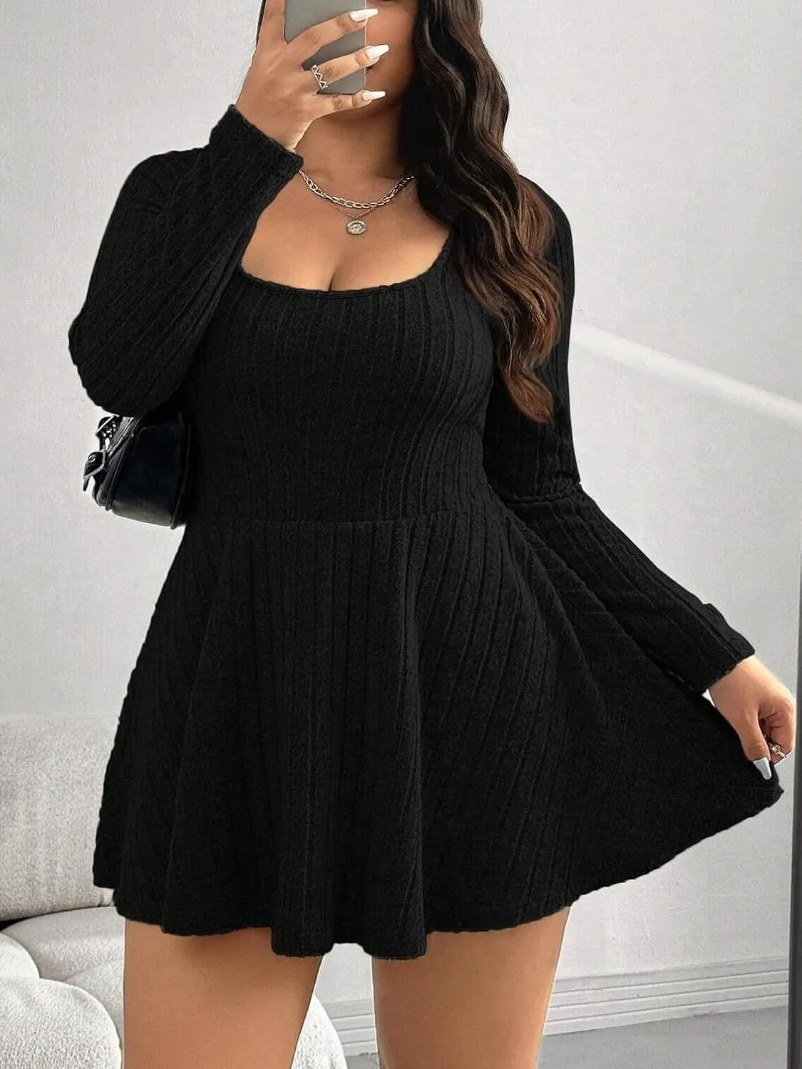Women's Black Ribbed Knit Off-Shoulder Sweater Dress Have Pockets Casual Sportswear