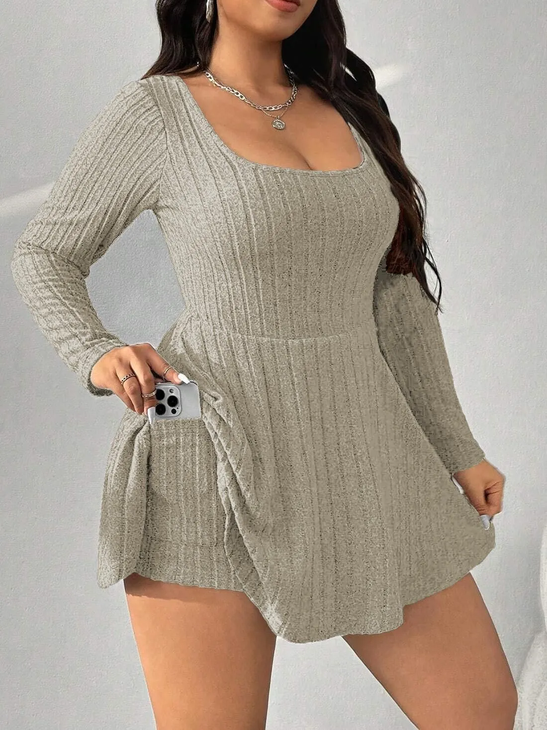 Women's Black Ribbed Knit Off-Shoulder Sweater Dress Have Pockets Casual Sportswear