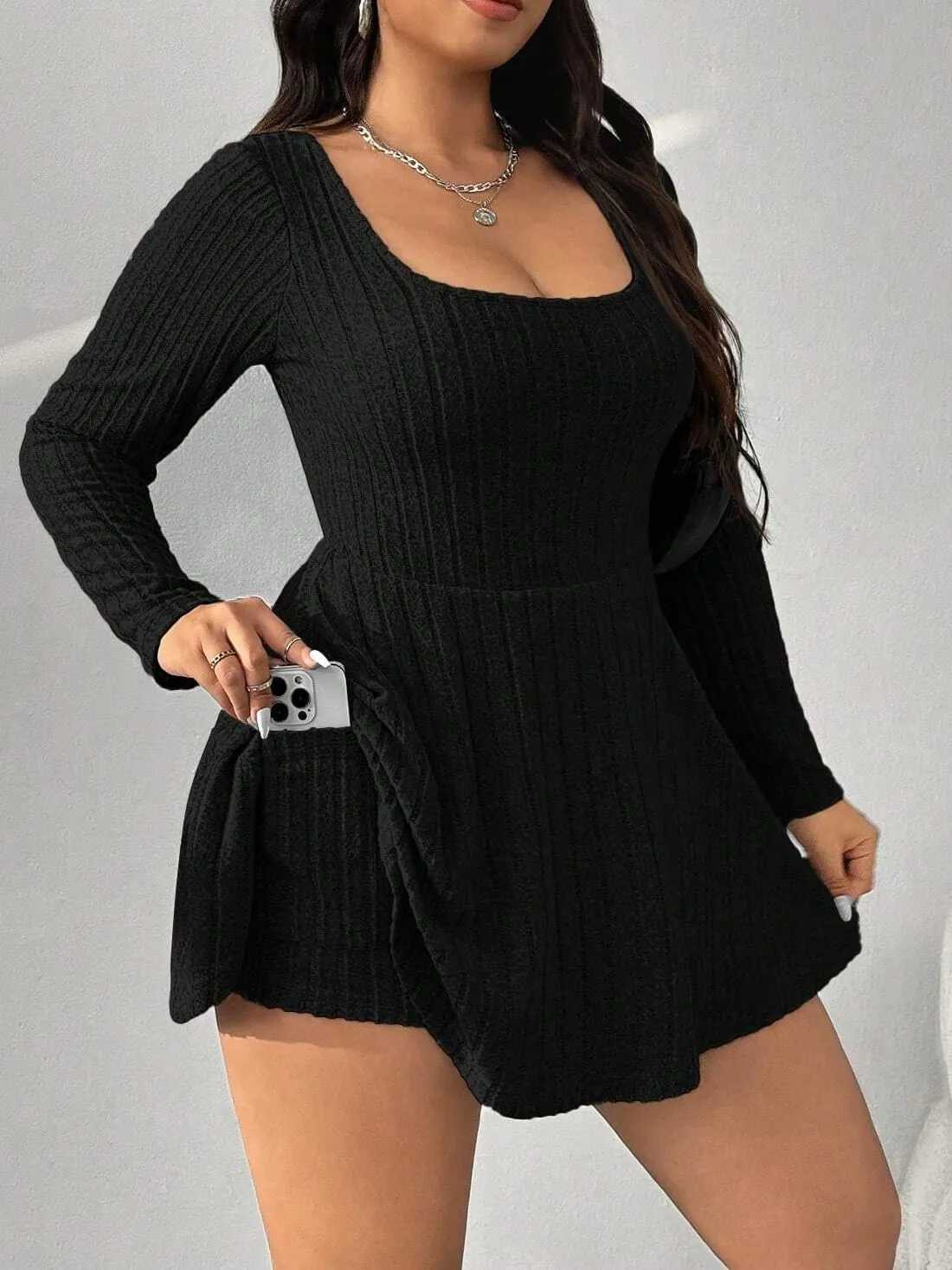 Women's Black Ribbed Knit Off-Shoulder Sweater Dress Have Pockets Casual Sportswear