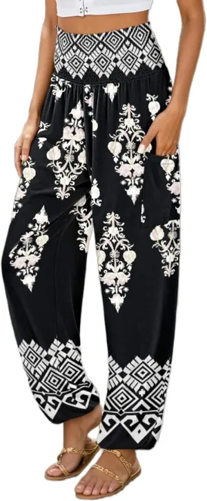 Womens Boho Floral Harem Pants Elastic High Waist Casual Loose Long Pants Summer Beach Pants with Pockets