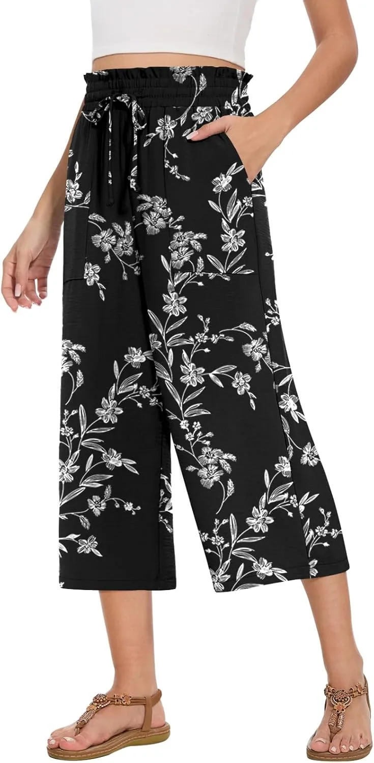 Womens Capri Pants Summer Wide Leg High Waisted Pants Drawstring Casual Trousers with Pockets
