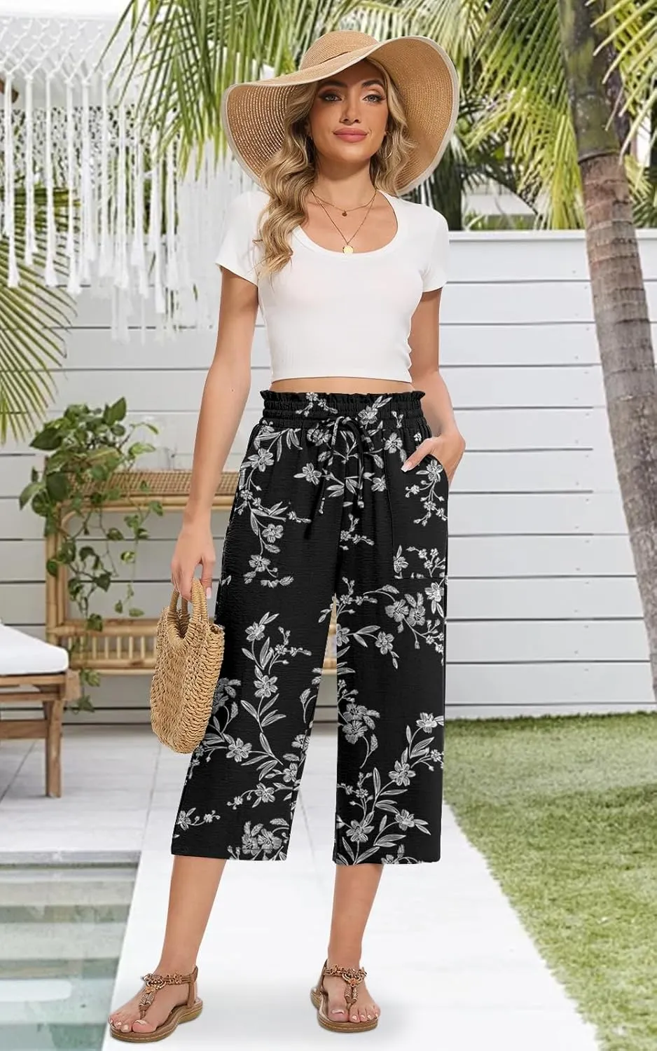 Womens Capri Pants Summer Wide Leg High Waisted Pants Drawstring Casual Trousers with Pockets