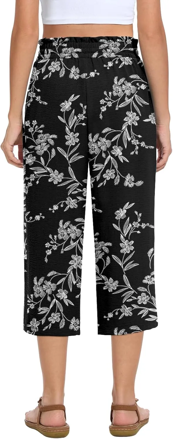 Womens Capri Pants Summer Wide Leg High Waisted Pants Drawstring Casual Trousers with Pockets