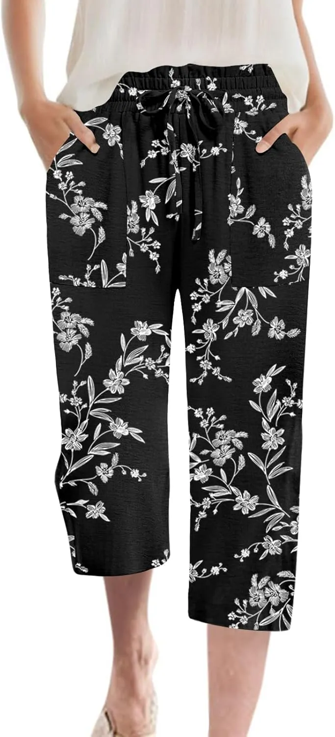 Womens Capri Pants Summer Wide Leg High Waisted Pants Drawstring Casual Trousers with Pockets