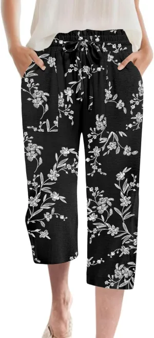 Womens Capri Pants Summer Wide Leg High Waisted Pants Drawstring Casual Trousers with Pockets