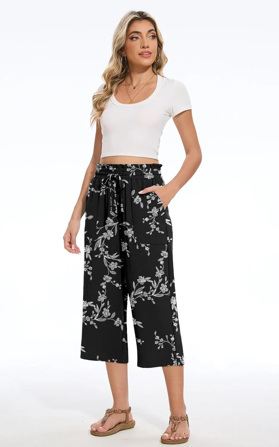 Womens Capri Pants Summer Wide Leg High Waisted Pants Drawstring Casual Trousers with Pockets