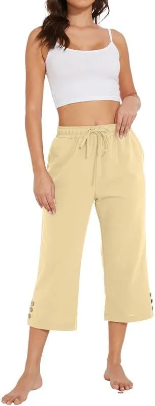 Womens Capris Pants High Waist Drawstring Comfy Casual Pants Lightweight Loose Trousers Buttons Trim with Pockets