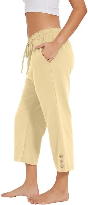Womens Capris Pants High Waist Drawstring Comfy Casual Pants Lightweight Loose Trousers Buttons Trim with Pockets