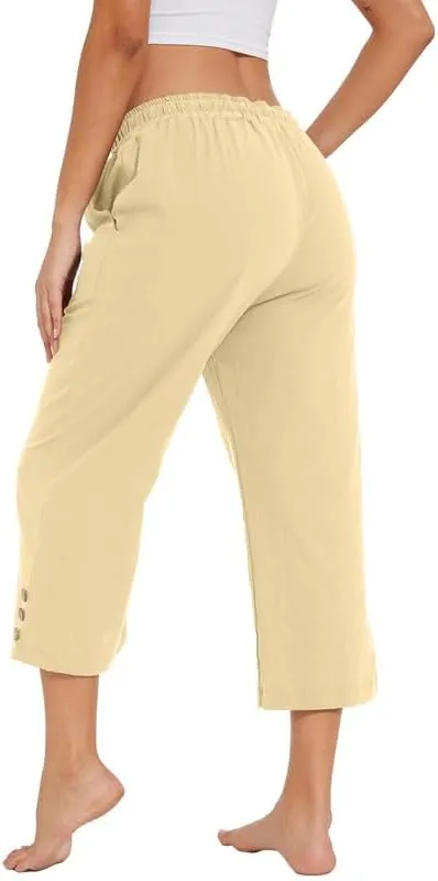 Womens Capris Pants High Waist Drawstring Comfy Casual Pants Lightweight Loose Trousers Buttons Trim with Pockets