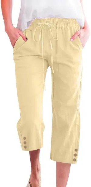 Womens Capris Pants High Waist Drawstring Comfy Casual Pants Lightweight Loose Trousers Buttons Trim with Pockets