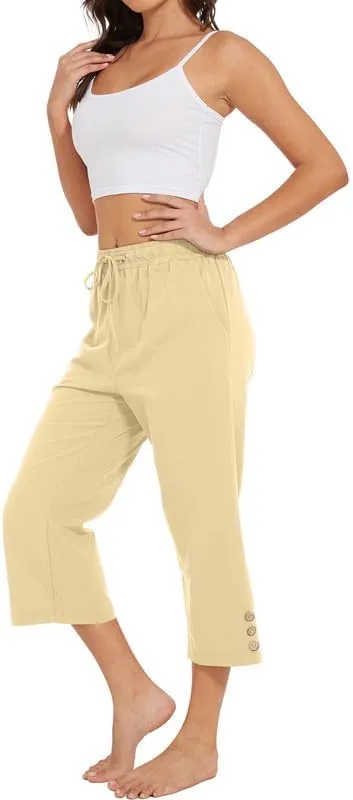 Womens Capris Pants High Waist Drawstring Comfy Casual Pants Lightweight Loose Trousers Buttons Trim with Pockets