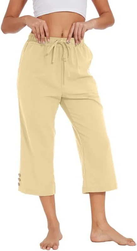 Womens Capris Pants High Waist Drawstring Comfy Casual Pants Lightweight Loose Trousers Buttons Trim with Pockets