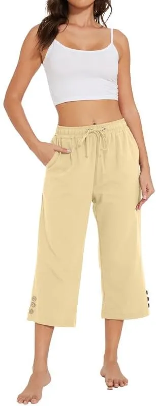 Womens Capris Pants High Waist Drawstring Comfy Casual Pants Lightweight Loose Trousers Buttons Trim with Pockets