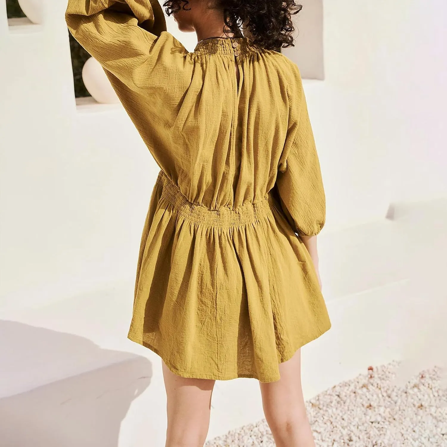Women's Casual Deep V Neck Long Sleeve Smocked High Waist Ruffle A Line Mini Dresses Trendy Flowy Swing Pleated Dress