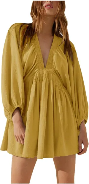 Women's Casual Deep V Neck Long Sleeve Smocked High Waist Ruffle A Line Mini Dresses Trendy Flowy Swing Pleated Dress