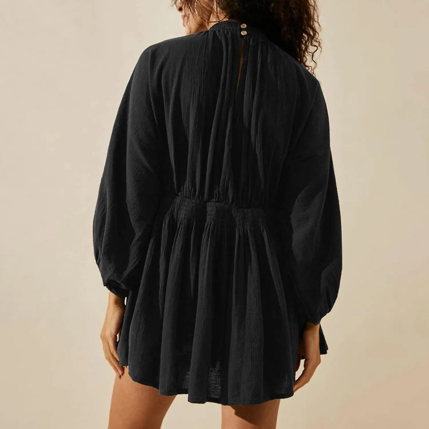 Women's Casual Deep V Neck Long Sleeve Smocked High Waist Ruffle A Line Mini Dresses Trendy Flowy Swing Pleated Dress
