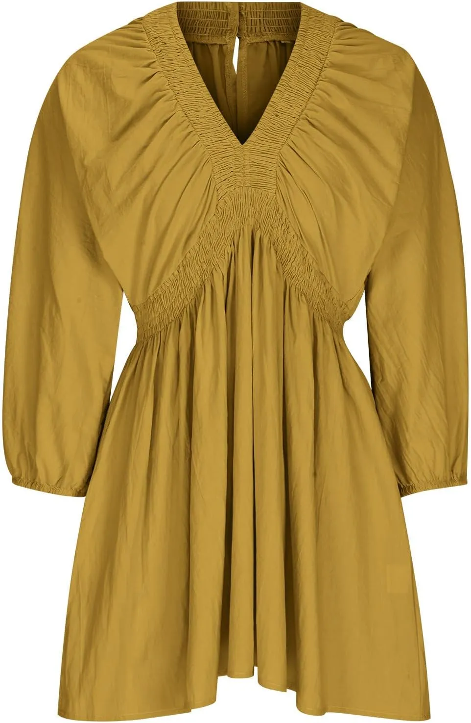 Women's Casual Deep V Neck Long Sleeve Smocked High Waist Ruffle A Line Mini Dresses Trendy Flowy Swing Pleated Dress