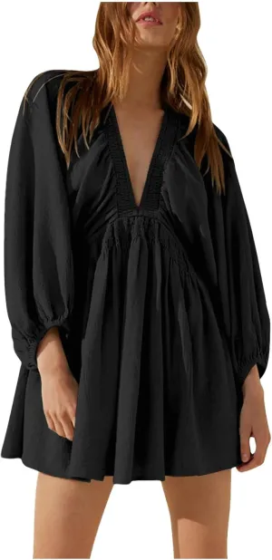 Women's Casual Deep V Neck Long Sleeve Smocked High Waist Ruffle A Line Mini Dresses Trendy Flowy Swing Pleated Dress