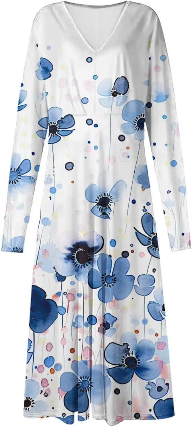 Women's Casual Dresses Fall 2024 Boho Long Sleeve V Neck Ruffle Maxi Dress Vintage Fashion Ruffle Bohemian Dresses