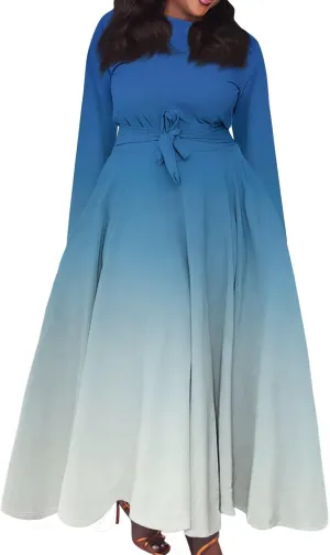 Women's Casual Fashion Large Size Round Neck Long Sleeve Pocket Straps Swing Dress Fashion