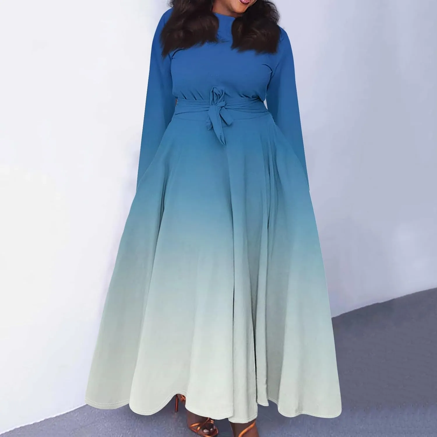 Women's Casual Fashion Large Size Round Neck Long Sleeve Pocket Straps Swing Dress Fashion