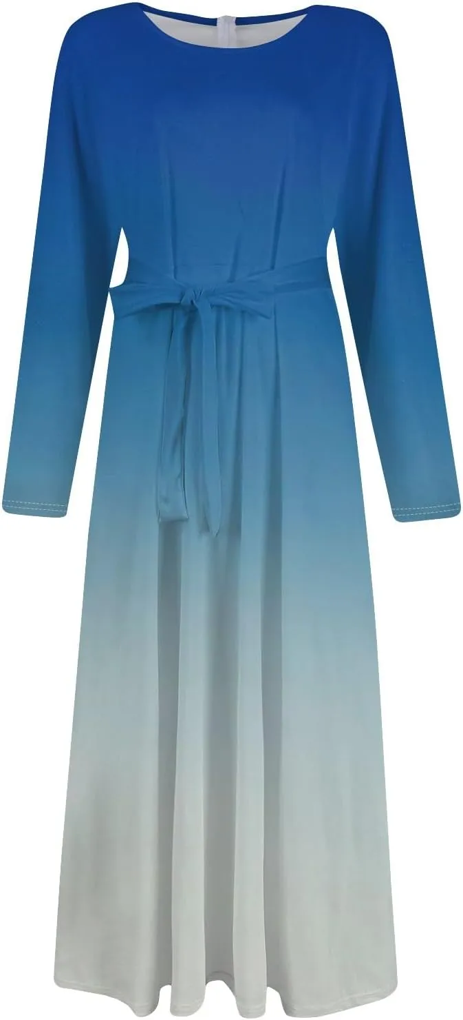 Women's Casual Fashion Large Size Round Neck Long Sleeve Pocket Straps Swing Dress Fashion